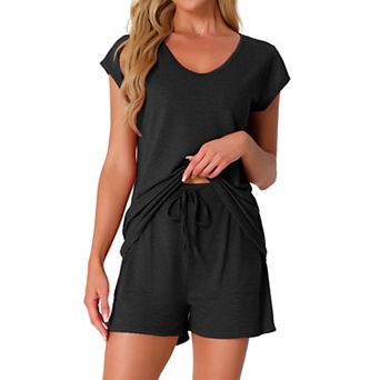 Women's 2 pc Lounge Set Sweater Knit Short Sleeve Tee and Shorts Pajama Set