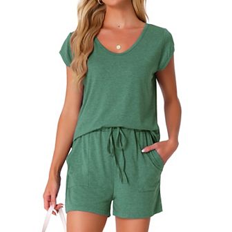 Women's 2 pc Lounge Set Sweater Knit Short Sleeve Tee and Shorts Pajama Set