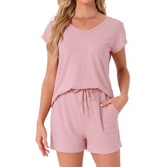 Women's 2 pc Lounge Set Sweater Knit Short Sleeve Tee and Shorts Pajama Set