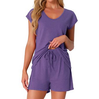 Women's 2 pc Lounge Set Sweater Knit Short Sleeve Tee and Shorts Pajama Set