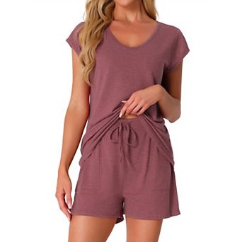 Women's 2 pc Lounge Set Sweater Knit Short Sleeve Tee and Shorts Pajama Set