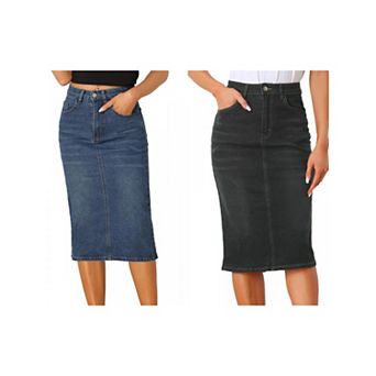 2 Packs Casual Denim Skirt for Women High Waist Stretchy Midi Jean Skirts