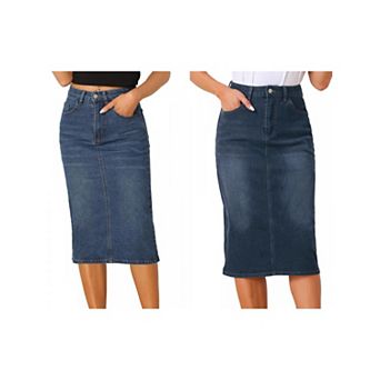2 Packs Casual Denim Skirt for Women High Waist Stretchy Midi Jean Skirts