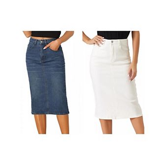 2 Packs Casual Denim Skirt for Women High Waist Stretchy Midi Jean Skirts