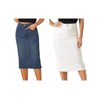 2 Packs Casual Denim Skirt for Women High Waist Stretchy Midi Jean Skirts