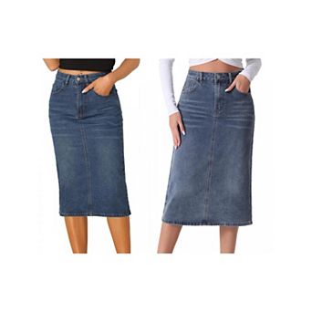 2 Packs Casual Denim Skirt for Women High Waist Stretchy Midi Jean Skirts