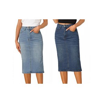 2 Packs Casual Denim Skirt for Women High Waist Stretchy Midi Jean Skirts