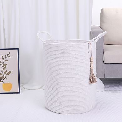 2 Pcs Woven Storage Bin with Handle and Tassel Beads, Storage Basket Organizer Bin for Blankets
