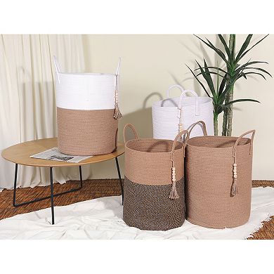 2 Pcs Woven Storage Bin with Handle and Tassel Beads, Storage Basket Organizer Bin for Blankets