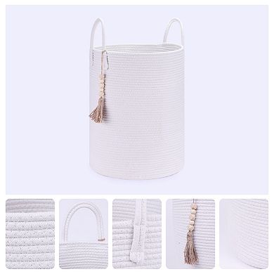 2 Pcs Woven Storage Bin with Handle and Tassel Beads, Storage Basket Organizer Bin for Blankets