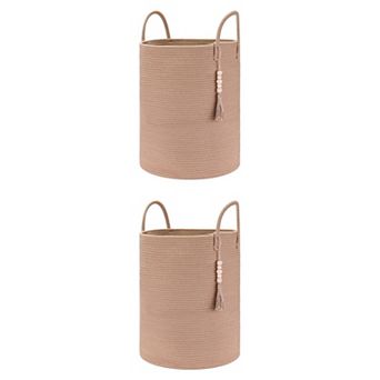 2 pc Woven Storage Bin with Handle and Tassel Beads, Storage Basket Organizer Bin for Blankets