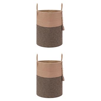 2 pc Woven Storage Bin with Handle and Tassel Beads, Storage Basket Organizer Bin for Blankets