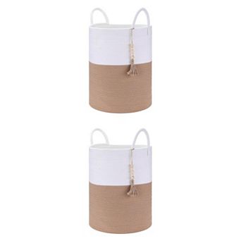 2 pc Woven Storage Bin with Handle and Tassel Beads, Storage Basket Organizer Bin for Blankets
