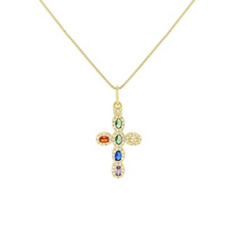 PRIMROSE 18k Gold Plated Over Sterling Silver Multi Color Cubic Zirconia Cross Pendant Necklace