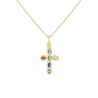 PRIMROSE 18k Gold Plated Over Sterling Silver Multi Color Cubic Zirconia Cross Pendant Necklace
