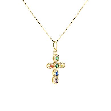 PRIMROSE 18k Gold Plated Over Sterling Silver Multi Color Cubic Zirconia Cross Pendant Necklace