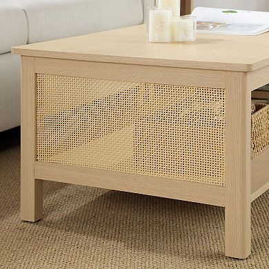 510 Design Ashlyn 2-Tier Coffee Table with Rattan Sides & Spacious Open Shelf Storage