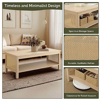 510 Design Ashlyn 2-Tier Coffee Table with Rattan Sides & Spacious Open Shelf Storage