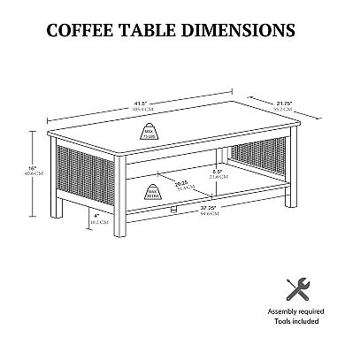510 Design Ashlyn 2-Tier Coffee Table with Rattan Sides & Spacious Open Shelf Storage
