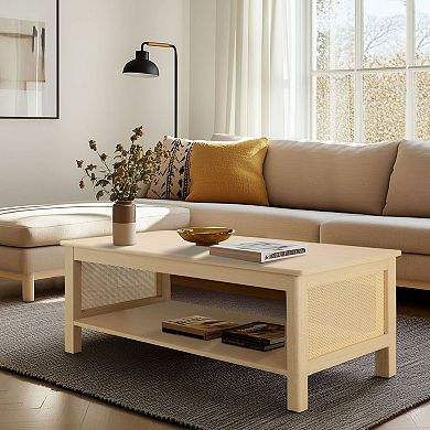 510 Design Ashlyn 2-Tier Coffee Table with Rattan Sides & Spacious Open Shelf Storage