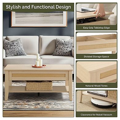 510 Design Lennox Rattan Lift-Top Coffee Table with Storage & Lower Open Shelf