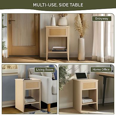 510 Design Lennox Rattan Accent Side Table with Drawer Storage & Lower Open Shelf