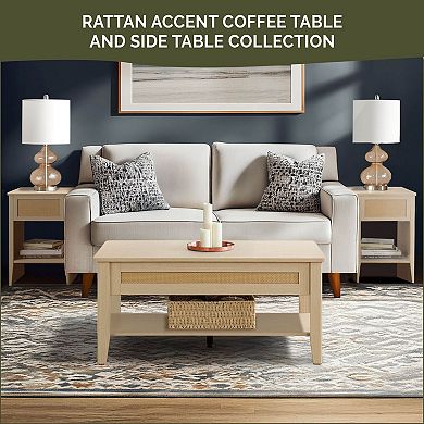 510 Design Lennox Rattan Accent Side Table with Drawer Storage & Lower Open Shelf