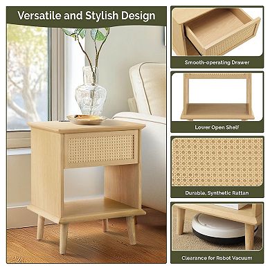 510 Design Teagan Rattan Accent Side Table with Drawer Storage & Lower Open Shelf