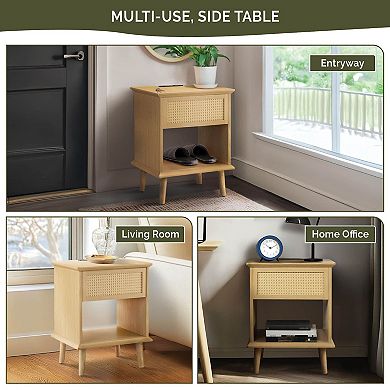 510 Design Teagan Rattan Accent Side Table with Drawer Storage & Lower Open Shelf
