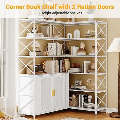Corner Bookshelf, 6 Tier Corner Book Shelf with Storage, Farmhouse L Shaped Book-Shelf