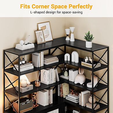 Corner Bookshelf, 6 Tier Corner Book Shelf with Storage, Farmhouse L Shaped Book-Shelf