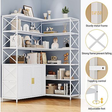 Corner Bookshelf, 6 Tier Corner Book Shelf with Storage, Farmhouse L Shaped Book-Shelf
