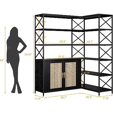 Corner Bookshelf, 6 Tier Corner Book Shelf with Storage, Farmhouse L Shaped Book-Shelf
