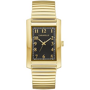 Caravelle by Bulova Men's Classic Rectangular Gold Tone Stainless Steel Black Dial Expansion Band Watch - 44A122