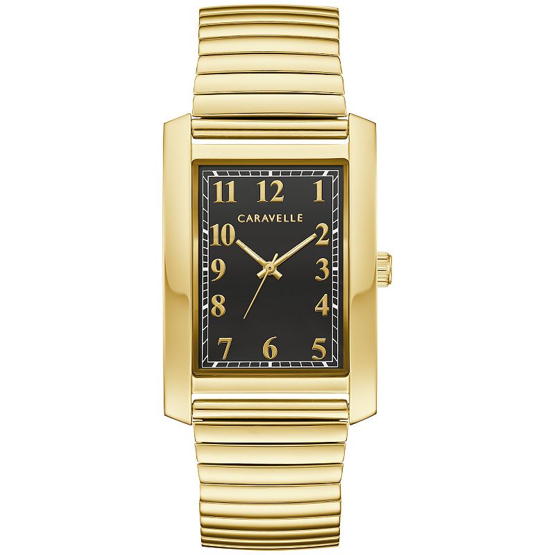 Caravelle by Bulova Men's Classic Rectangular Gold Tone Stainless Steel Black Dial Expansion Band Watch - 44A122, Size: 30MM