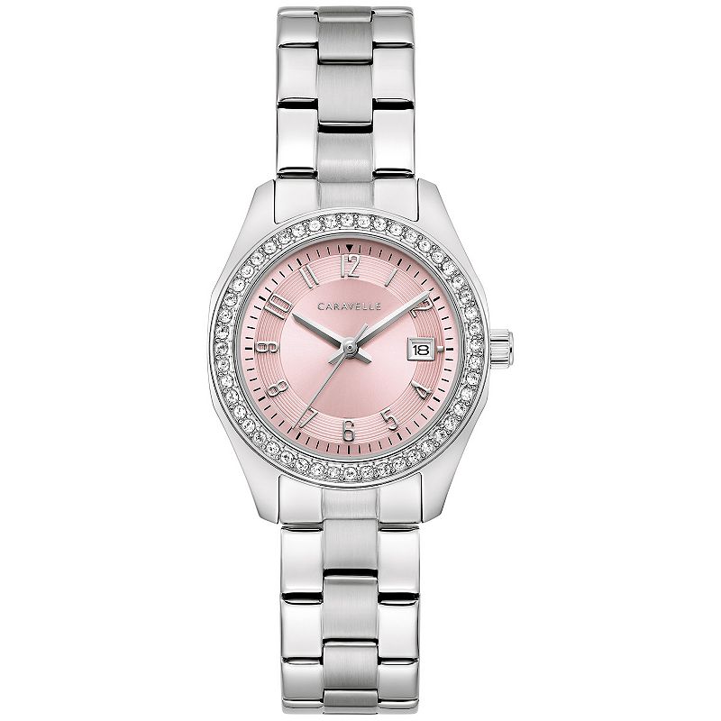 Caravelle by Bulova Women's Stainless Steel Crystal Accent Pink Dial Watch - 43M123, Size: 28 mm