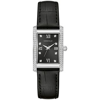 Caravelle by Bulova Women's Stainless Steel Crystal Accent Black Leather Strap Watch - 43L222