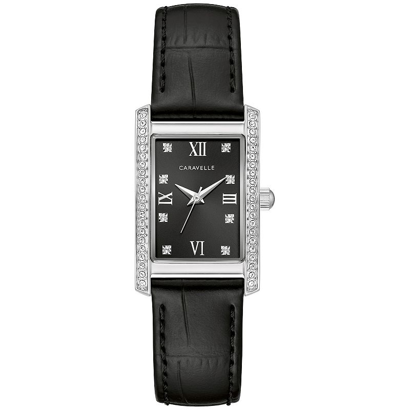 Caravelle by Bulova Women's Stainless Steel Crystal Accent Black Leather Strap Watch - 43L222, Size: 21 mm