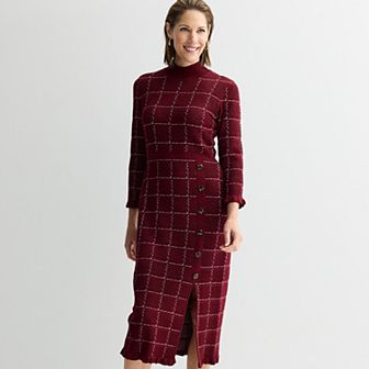 Women's Sandra Darren Windowpane 3/4 Sleeve Sweater Dress