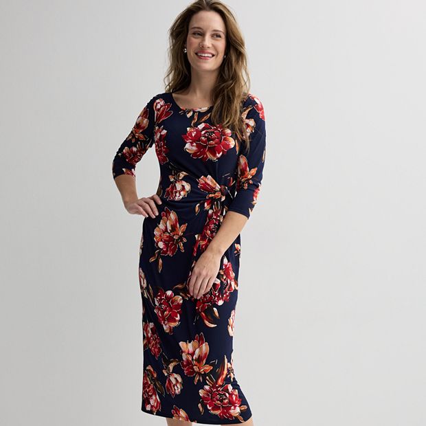 knee length dresses for ladies Hope & Henry Women's Organic Short Sleeve Knit Tie Midi Dress - Black Side-Tie main image 1