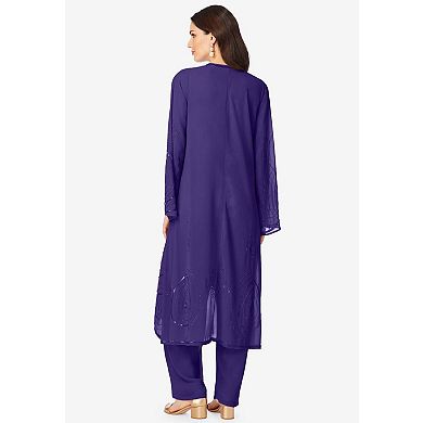 Roaman's Women's Plus Size Petite Plus Size Beaded Georgette Scoop Neck 3-Piece Pant Set