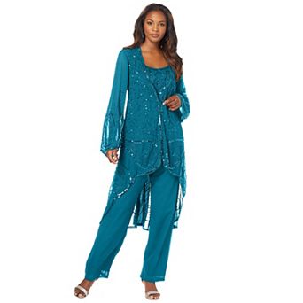 Roaman's Women's Plus Size Petite Plus Size Beaded Georgette 3 pc Pant Set Formal Wear