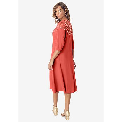 Roaman's Women's Plus Size Ultrasmooth Fabric Embellished Swing Dress