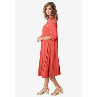 Roaman's Women's Plus Size 3/4 Sleeve Embellished Boatneck Dress