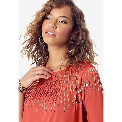Roaman's Women's Plus Size 3/4 Sleeve Embellished Boatneck Dress