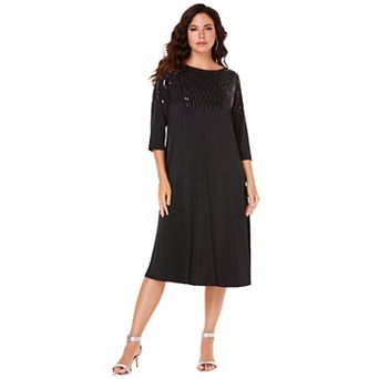 Roaman's Women's Plus Size 3/4 Sleeve Embellished Boatneck Dress