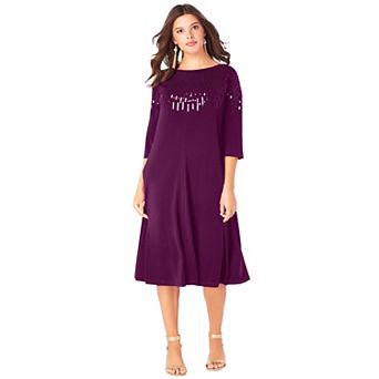 Roaman's Women's Plus Size 3/4 Sleeve Embellished Boatneck Dress