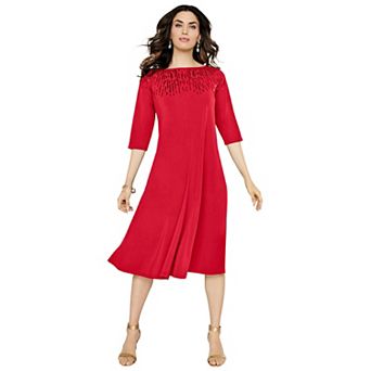Roaman's Women's Plus Size Plus Size 3/4 Sleeve Embellished Boatneck Dress