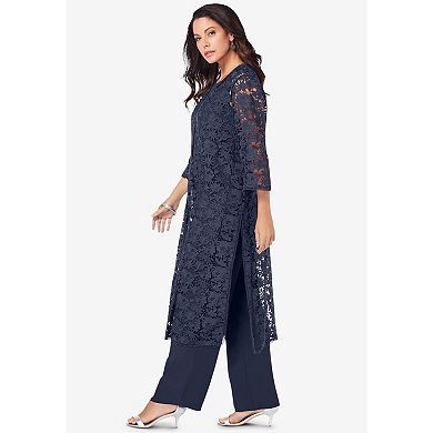 Roaman's Women's Plus Size 3-Piece Allover Lace Duster Pant Set Formal Wear
