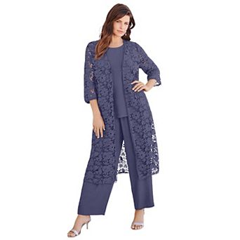 Roaman's Women's Plus Size Petite Plus Size 3 pc Allover Lace Duster Pant Set Formal Wear